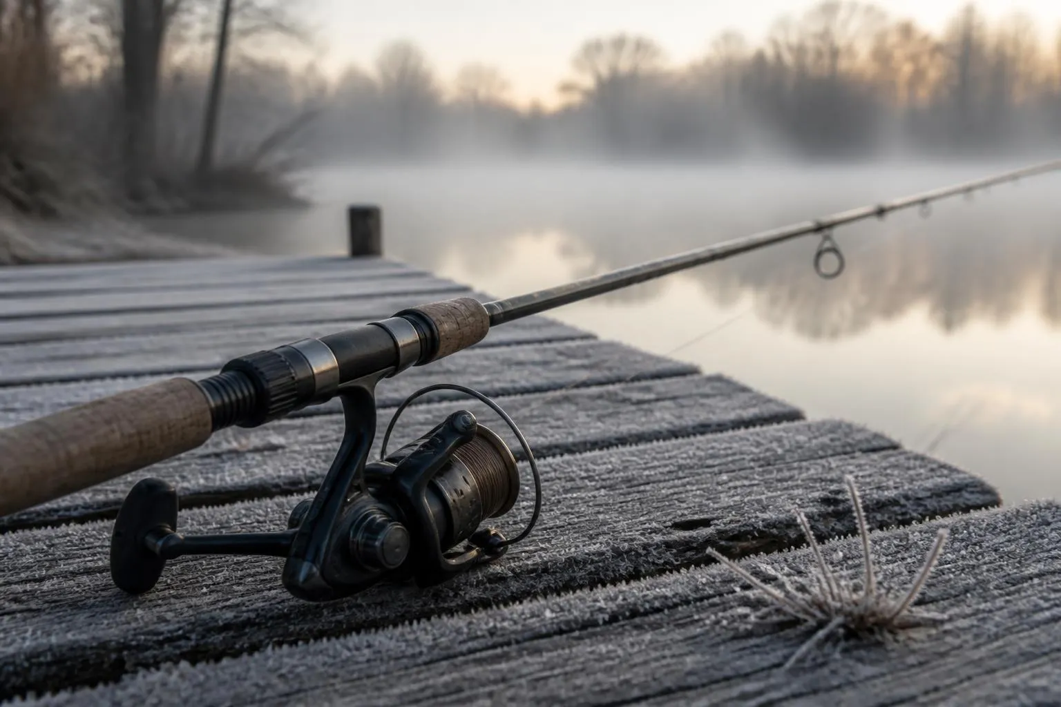 Une canne à pêche montée, posée en travers d'un ponton de bois couvert de gelée, brume sur l'étang au petit matin de mars